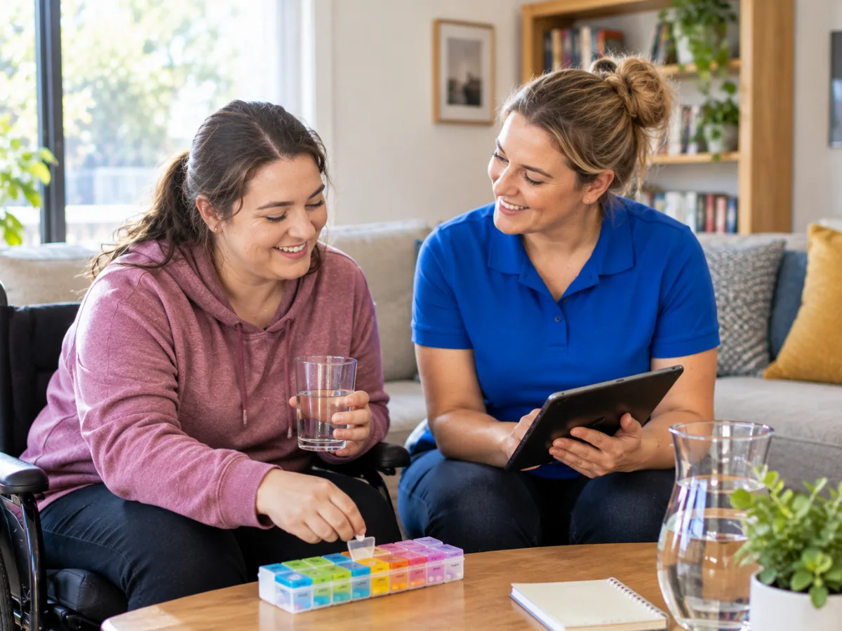 Support worker helping a participant with medications
